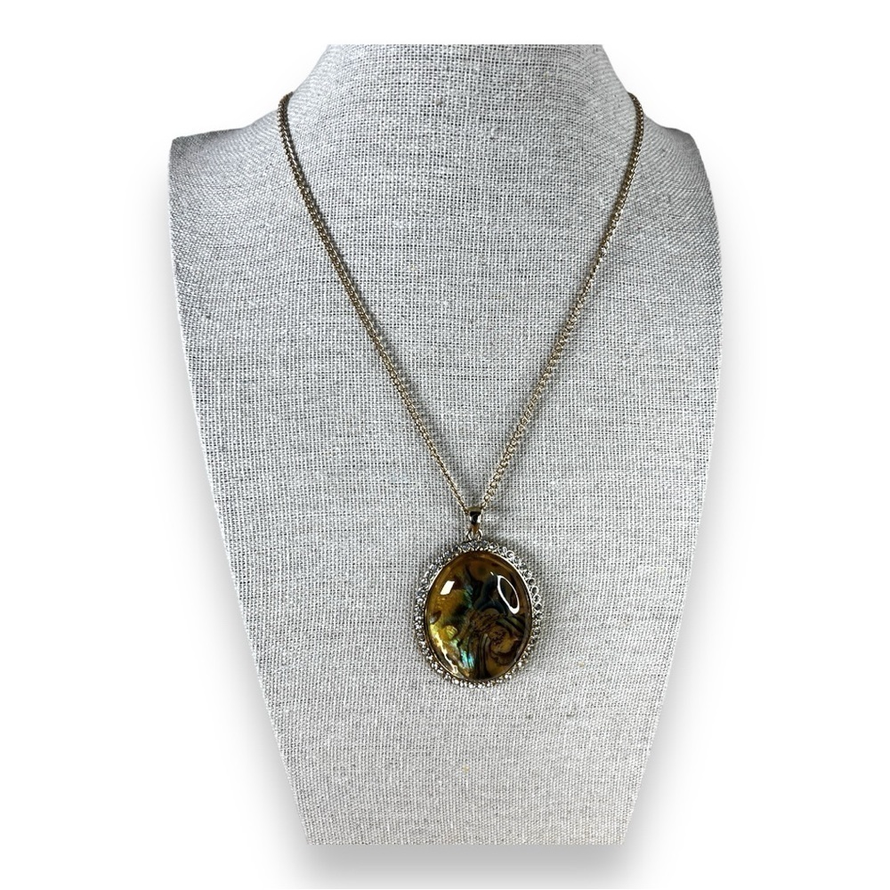 GOLD PENDANT NECKLACE RHINESTONE ACCENT SWIRL  RETRO